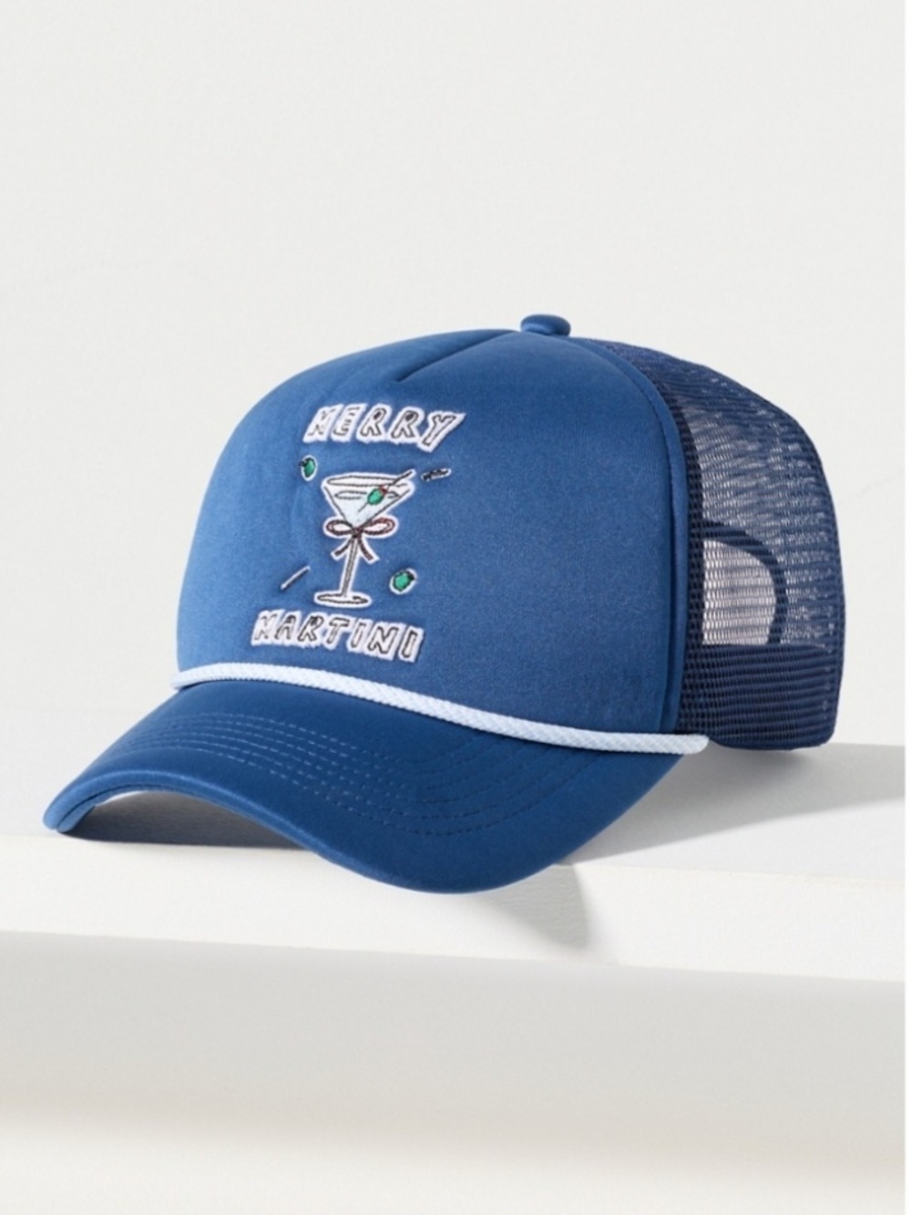 Anthropologie Nephtys Foster Merry Martini Trucker Hat Blue Embroidered Snapback